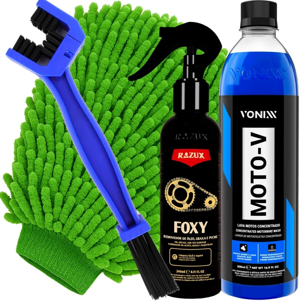 Kit Lavagem de Moto Shampoo Limpador Foxy 240ml Razux Shampoo Moto-V 500ml Vonixx e Acessórios Karbox