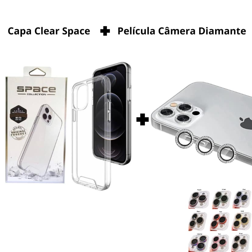 Kit Capa Clear Space Transparente + Película Câmera Diamante iPhone 11 12 13 14 15 16 Linha Premium