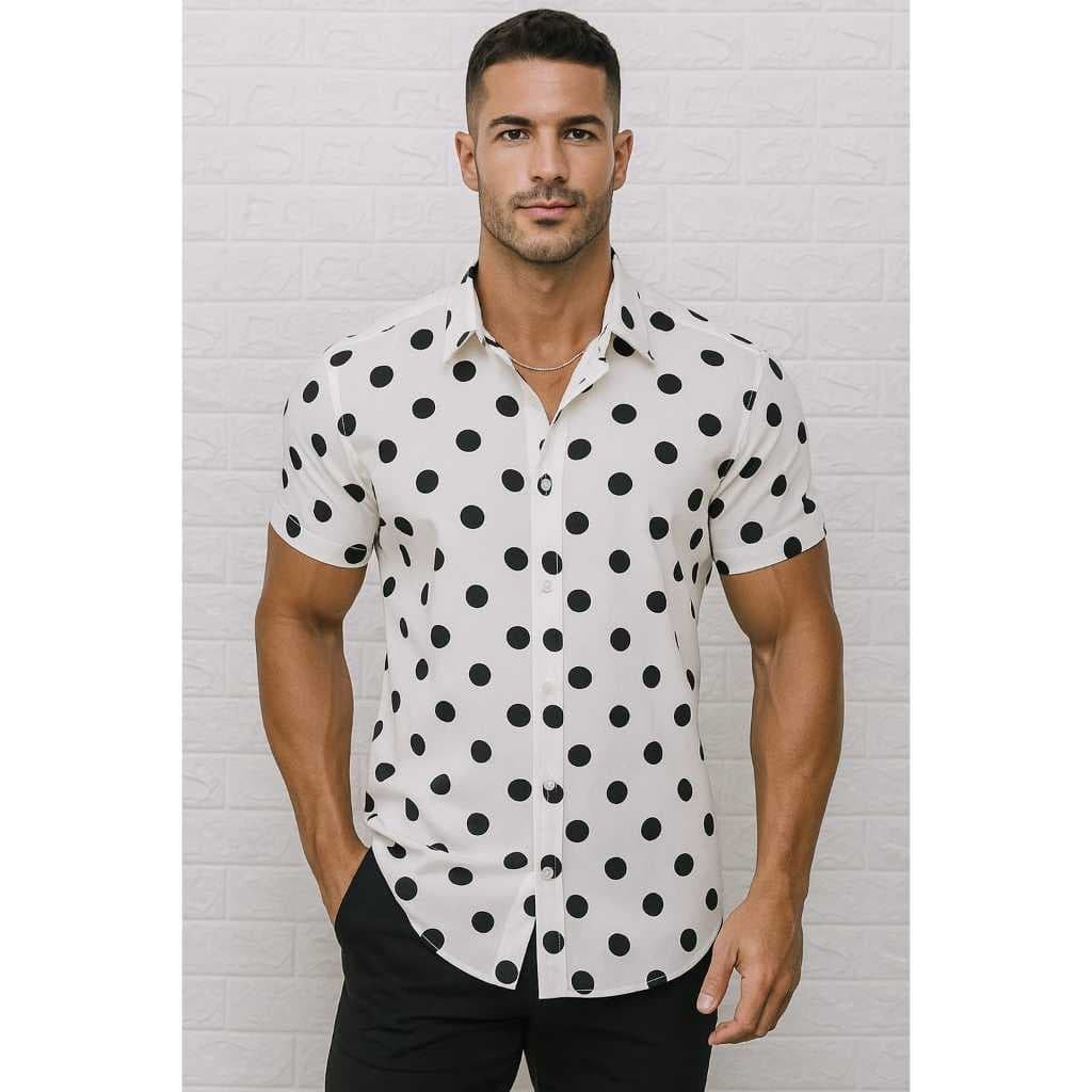 Camisa Masculina Social Slim Curta Estampada Bolinha Preta