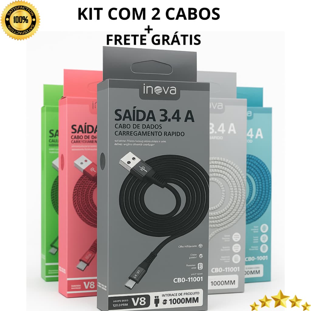 2 Cabos V8 Inova 3.4A – Nylon Reforçado, Carregamento Rápido para Celulares e Controles de PS4!