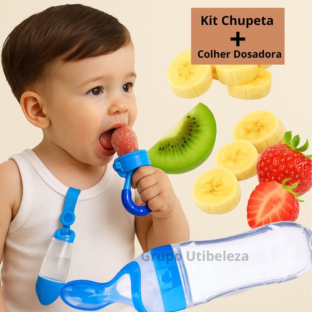 Chupeta de Alimentação Infantil Porta Frutas + Mamadeira de Silicone com Colher Dosadora