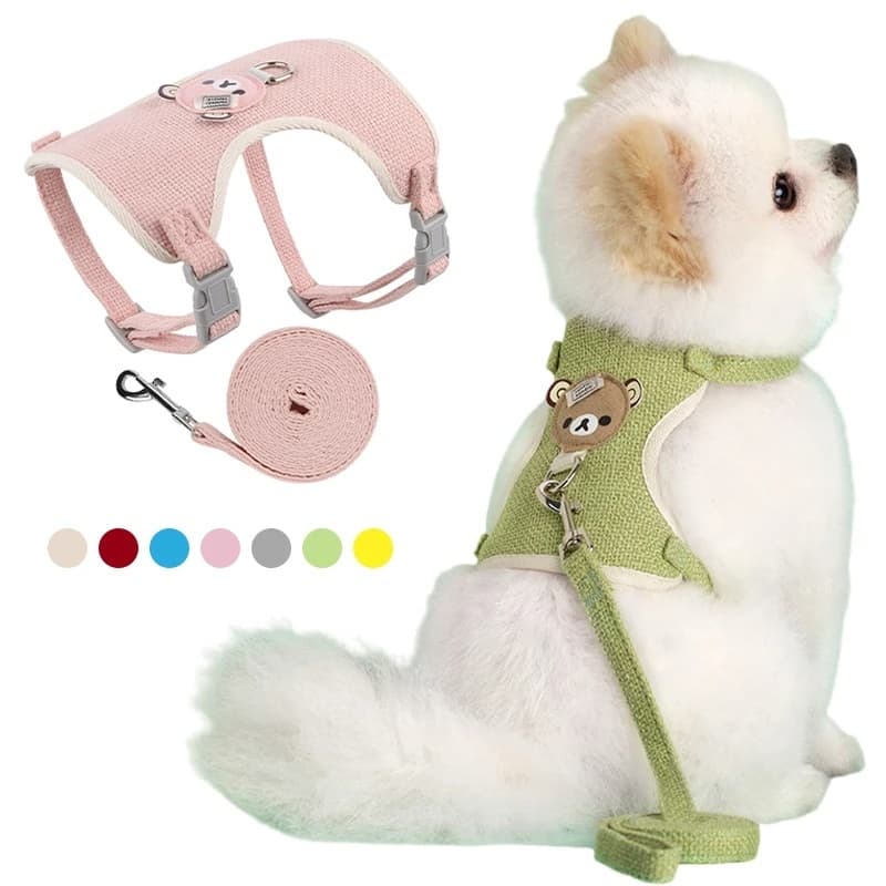 Coleira Peitoral Colete com Guia para Cachorro Rosa, Azul, Apricot, Cinza