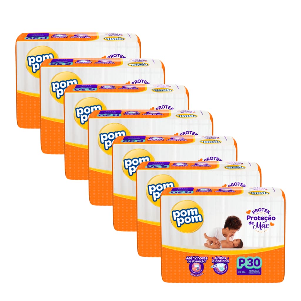 Fralda Descartável Kit com 7 Pacotes Pompom Protek Proteção de Mãe Jumbo - Todos os tamanhos