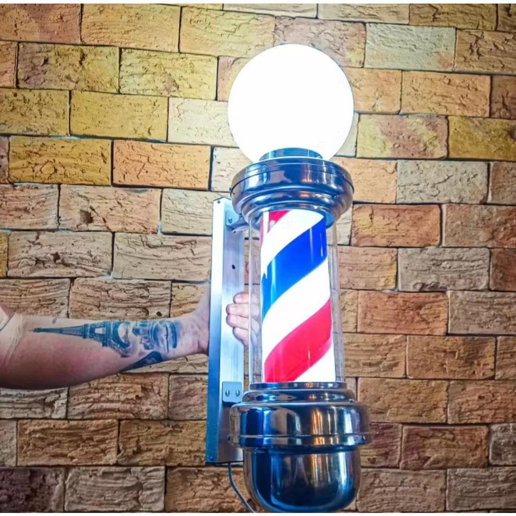 Barber Pole Poste de Barbeiro Luminária Barbearia 65cm com Globo Gira Luz de Led Uso Interno e Externo Inoxidável