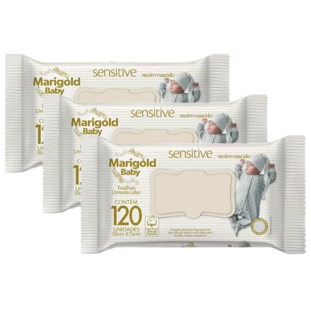 Toalhas Umedecidas Kit com 3 Pacotes Marigold Baby Premium Sensitive Recém-Nascidos - 360 Unidades