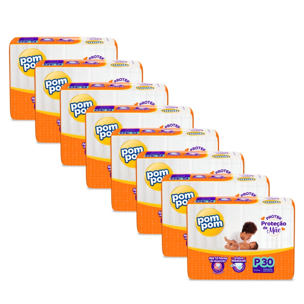 Fralda Descartável Kit com 8 Pacotes Pompom Protek Proteção de Mãe Jumbo - Todos os tamanhos