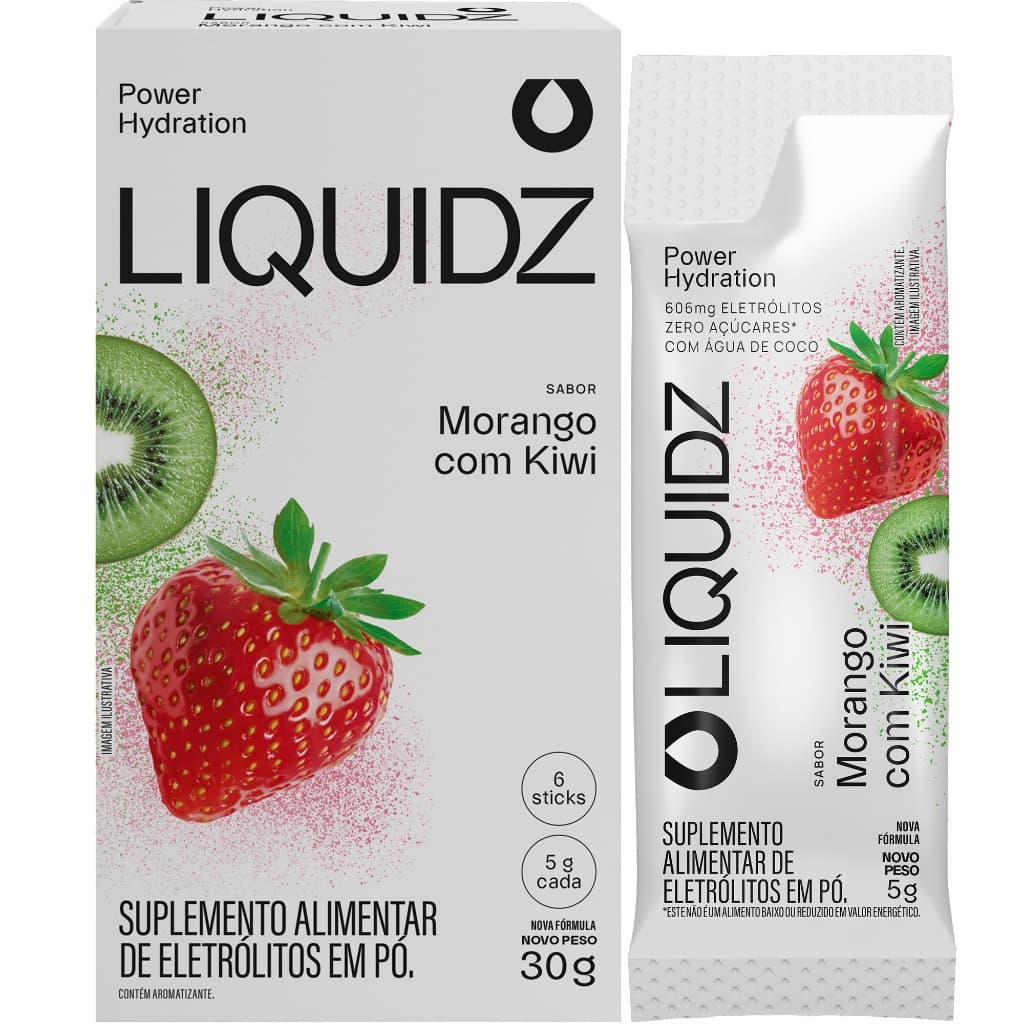 LIQUIDZ® - Eletrólitos Zero Açúcares - Sabor Morango com Kiwi - Kit 1 Caixa - 6 sachês
