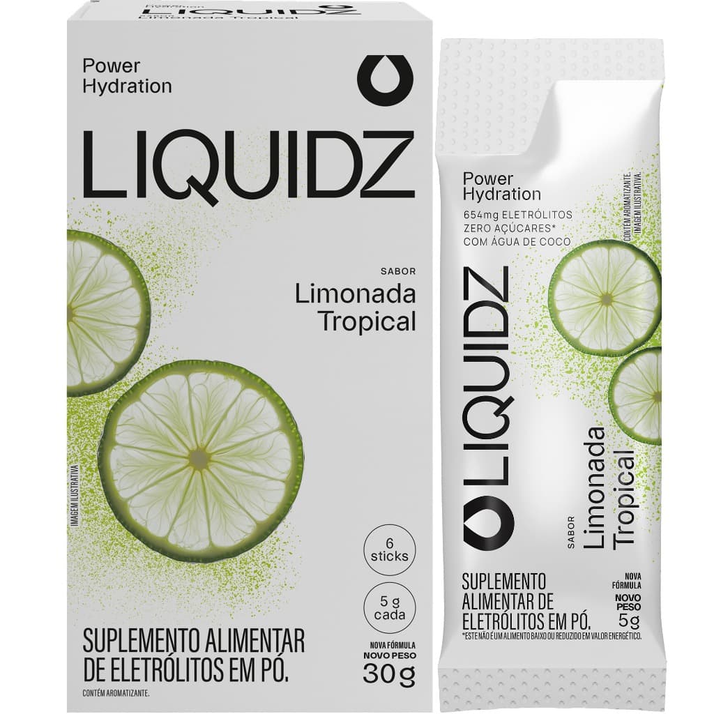 LIQUIDZ® - Eletrólitos Zero Açúcares - Sabor Limonada Tropical - 1 Caixa - 6 sachês