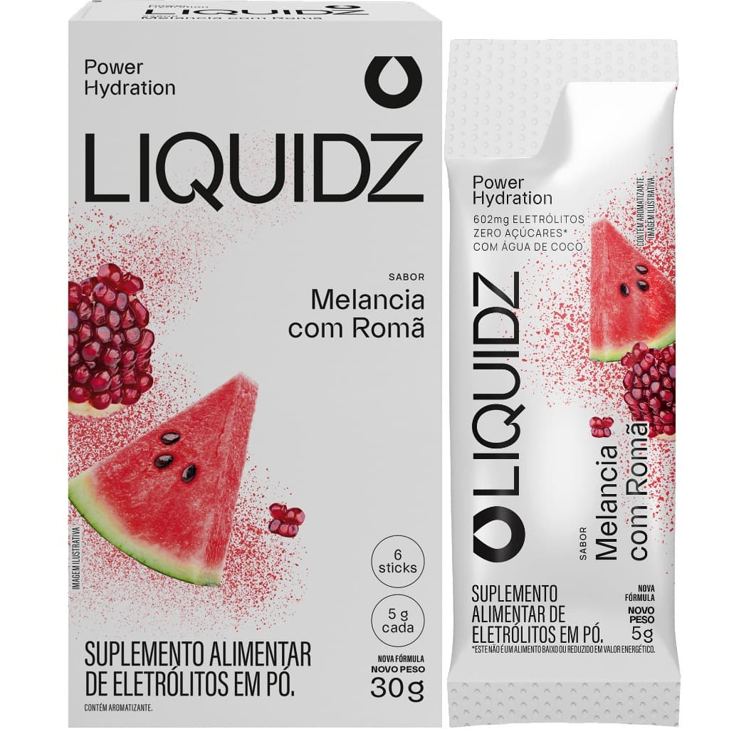 LIQUIDZ® - Eletrólitos Zero Açúcares - Sabor Melancia com Romã - Kit 1 Caixa - 6 sachês