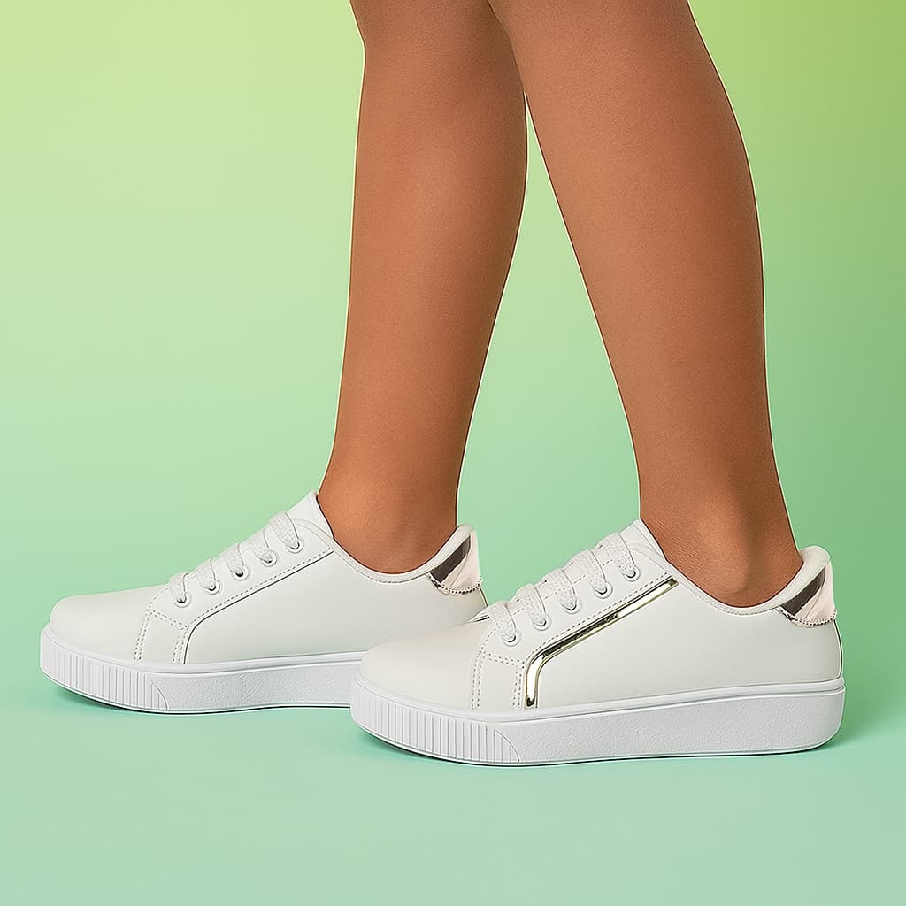Tênis Infantil Menina Branco Ouro Dourado Espelhado Leve Moda Confortável Passeio Envio Imediato