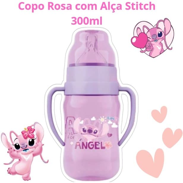 Super Mamadeira Stitch Angel Rosa 300ml Bebê Infantil copo treinamento