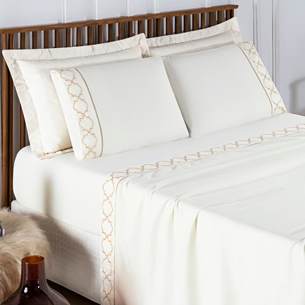 Jogo de Cama Infinity Casal Queen King 4 Peças Bordado Micropercal 400 Fios Ponto Palito Conforto Macio Enxoval Cama