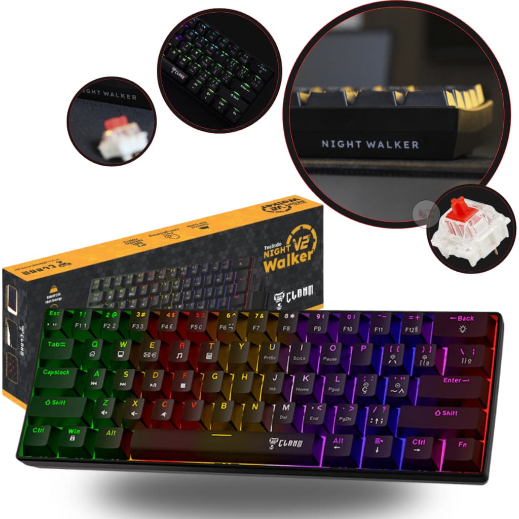 Teclado Gamer Clanm 60% V2 Night Walker Rgb Switch Red Mecânico