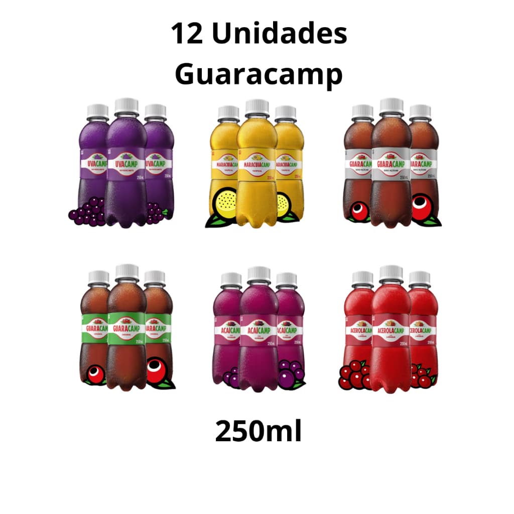 Kit 12 Garrafinhas 200ml Guaracamp Sortidas | Guaraná, Açaí, Uva, Acerola, Maracujá e Zero Bebida Natural e Refrescante