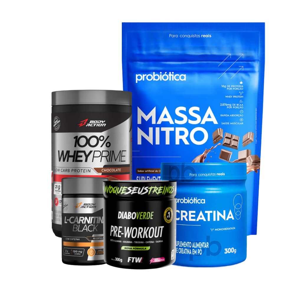 Kit Suplementos – Whey 100% Prime 900g + Hipercalórico 2,52kg + Creatina 300g + Pré-Treino 150g + L-Carnitina 90 capsula