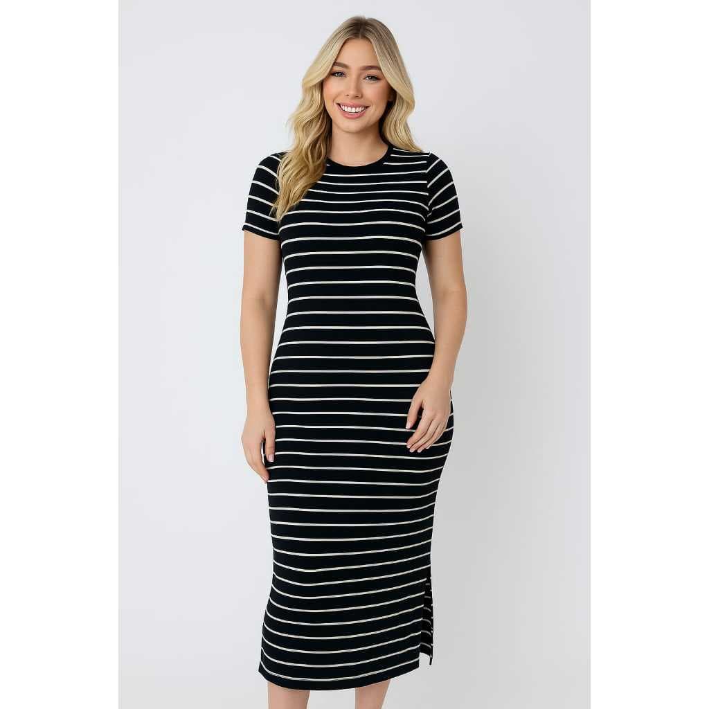 Vestido Midi Feminino no viscolaycra  Listrado com Fenda Lateral