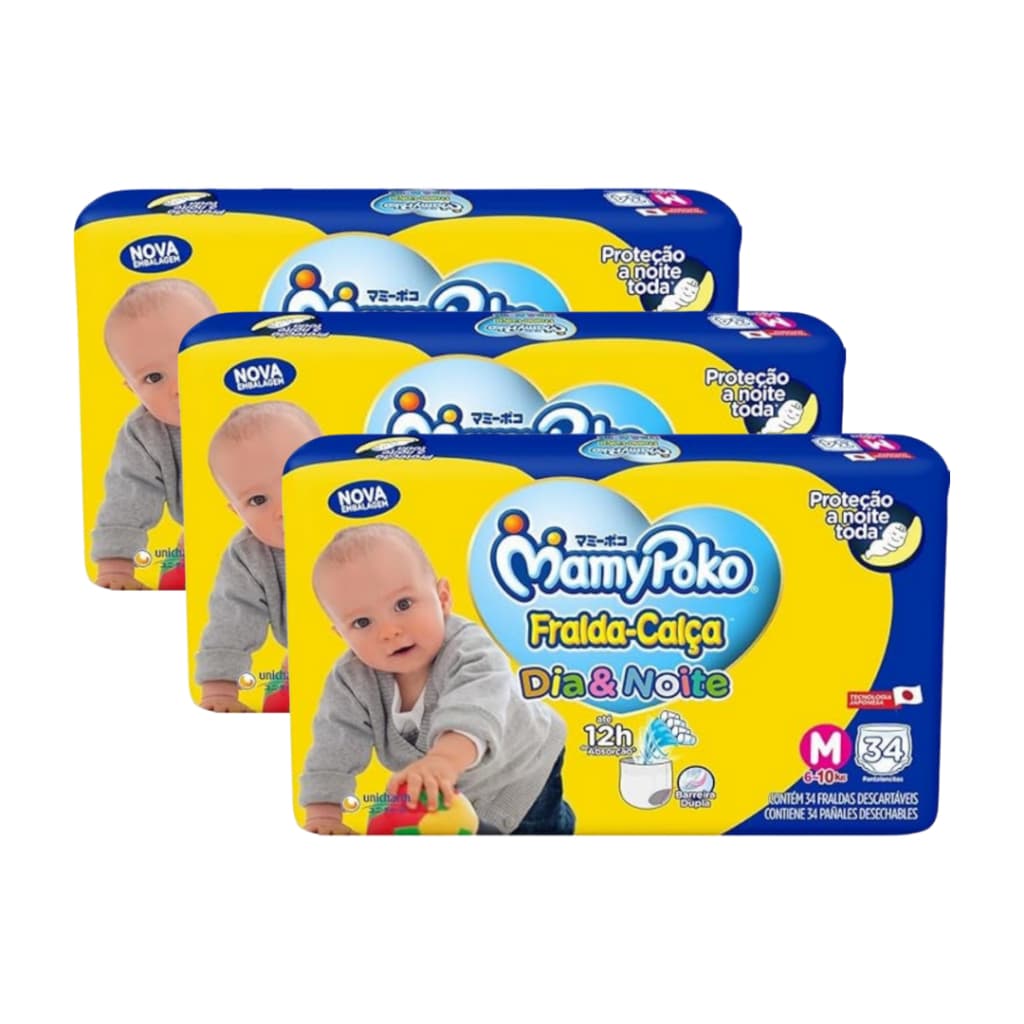 Fraldas Descartáveis na Promoção Kit com 3 Pacotes Mamypoko Dia & Noite - Tamanho M - 102 Unidades