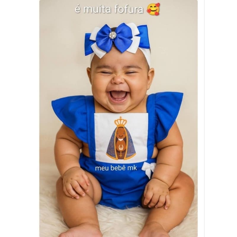 Romper Temático Santinha Nossa Senhora Aparecida Bebe Menina Mesversario Batizado Ensaio Fotográfico Festa Laço Body