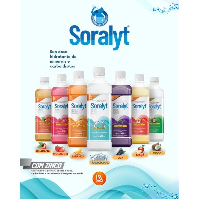 SORALYT BEBIDA ISOTÔNICO, REIDRATANTE, COM ZINCO,  CARBOIDRATOS E MINERAIS. 450ML