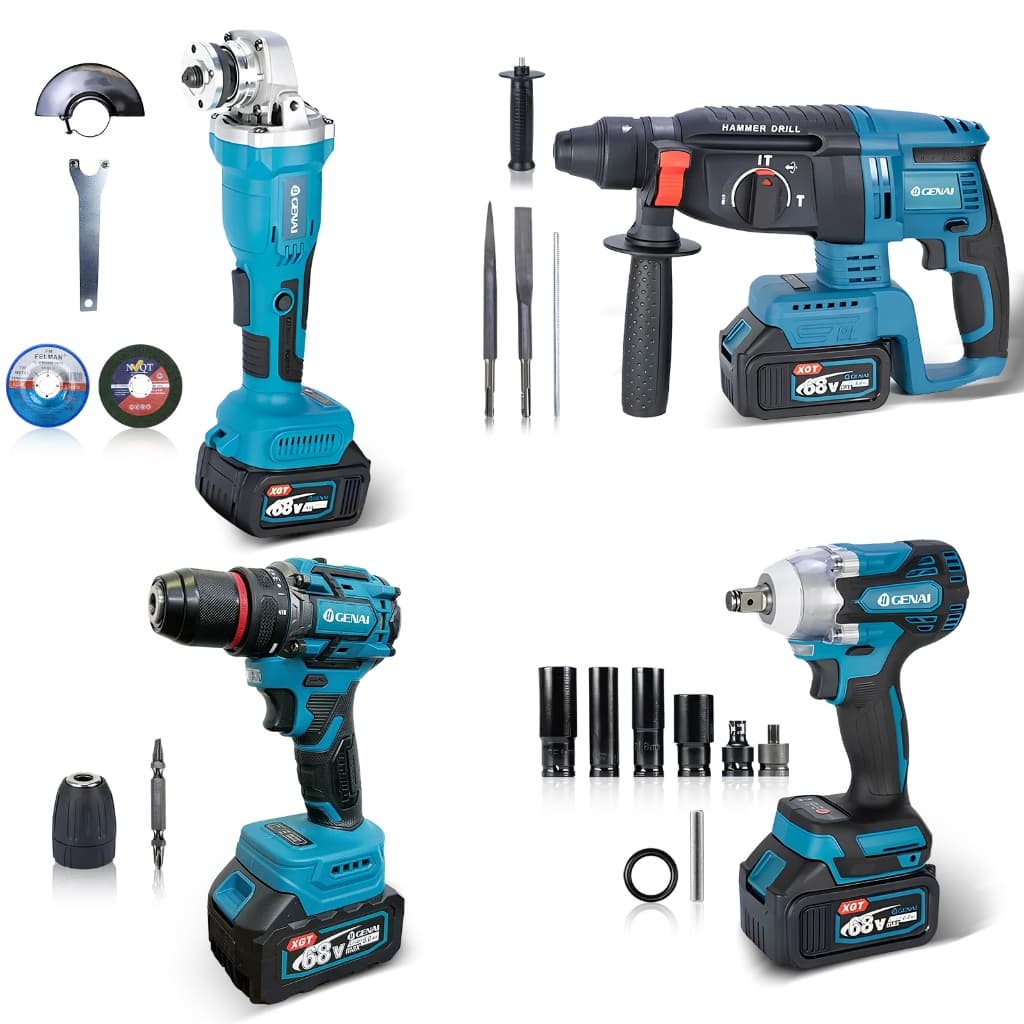 Kit 4 em 1 Ferramentas Motor 68V Brushless 2 Baterias Com Maleta Parafusadeira Furadeira Esmerilhadeira Lixadeira