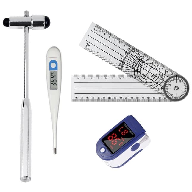 Kit Goniômetro Grande 36cm + Martelo Buck Aço Inox + Termômetro Clínico + Oxímetro de Dedo