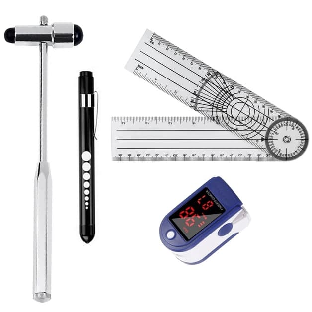 Kit Goniômetro 36cm + Martelo Buck + Oxímetro de Dedo + Lanterna Clínica LED