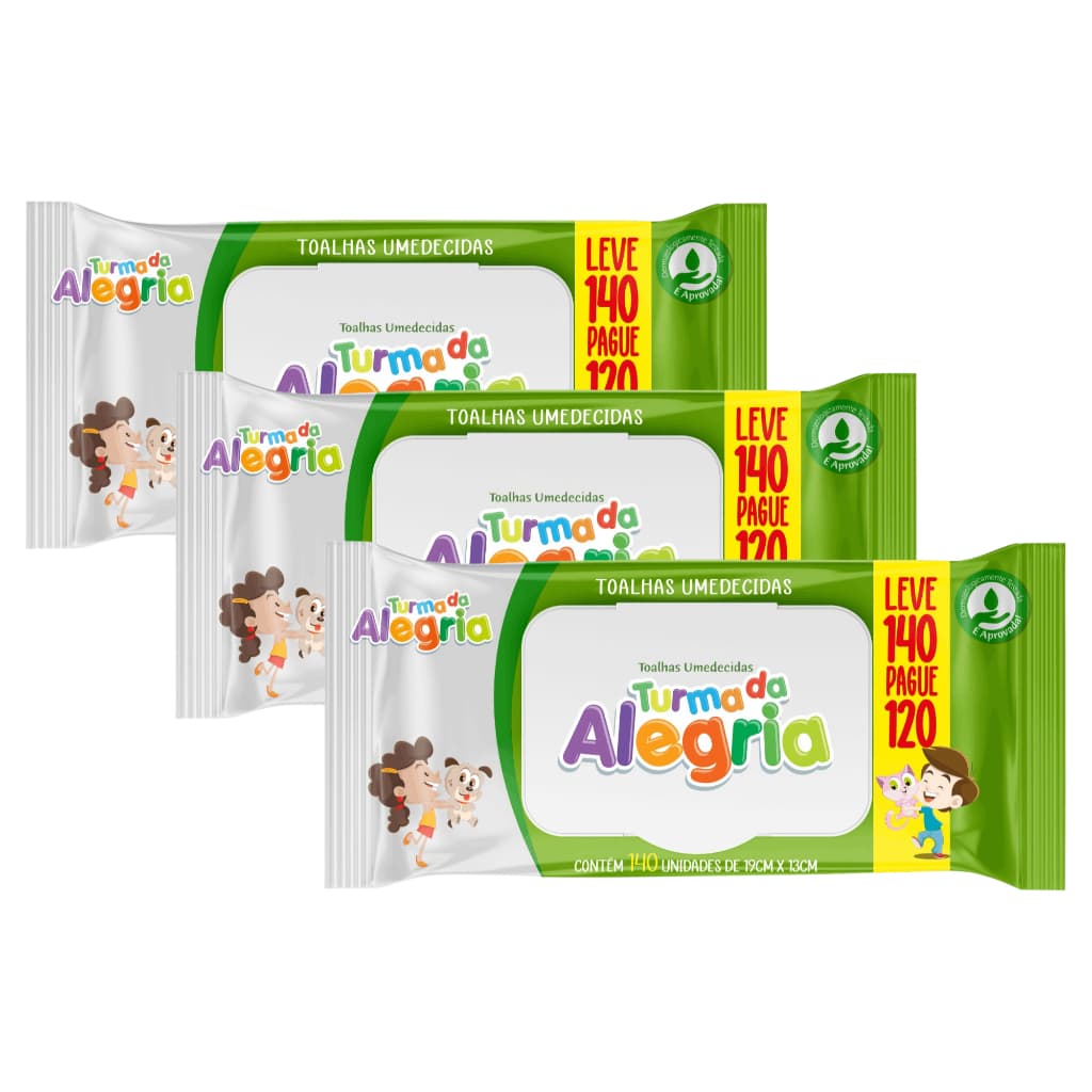 Kit C/3 Toalha Umedecida Turma da Alegria  Leve 140 Pague 120 Total 420 unidades