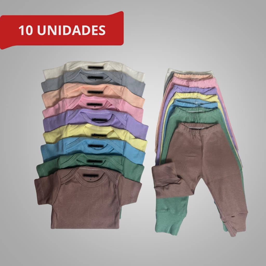 Kit 10 Peças Enxoval Infantil Roupa de Bebê Body Manga Curta e Mijão Vira Pé Menino Menina