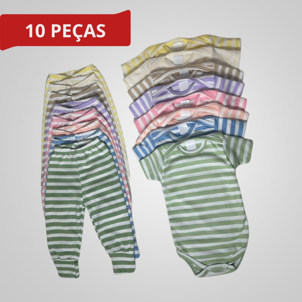 Kit 10 Peças Enxoval Infantil Roupa de Bebê Body Manga Curta e Mijão Vira Pé Listrado Menino Menina