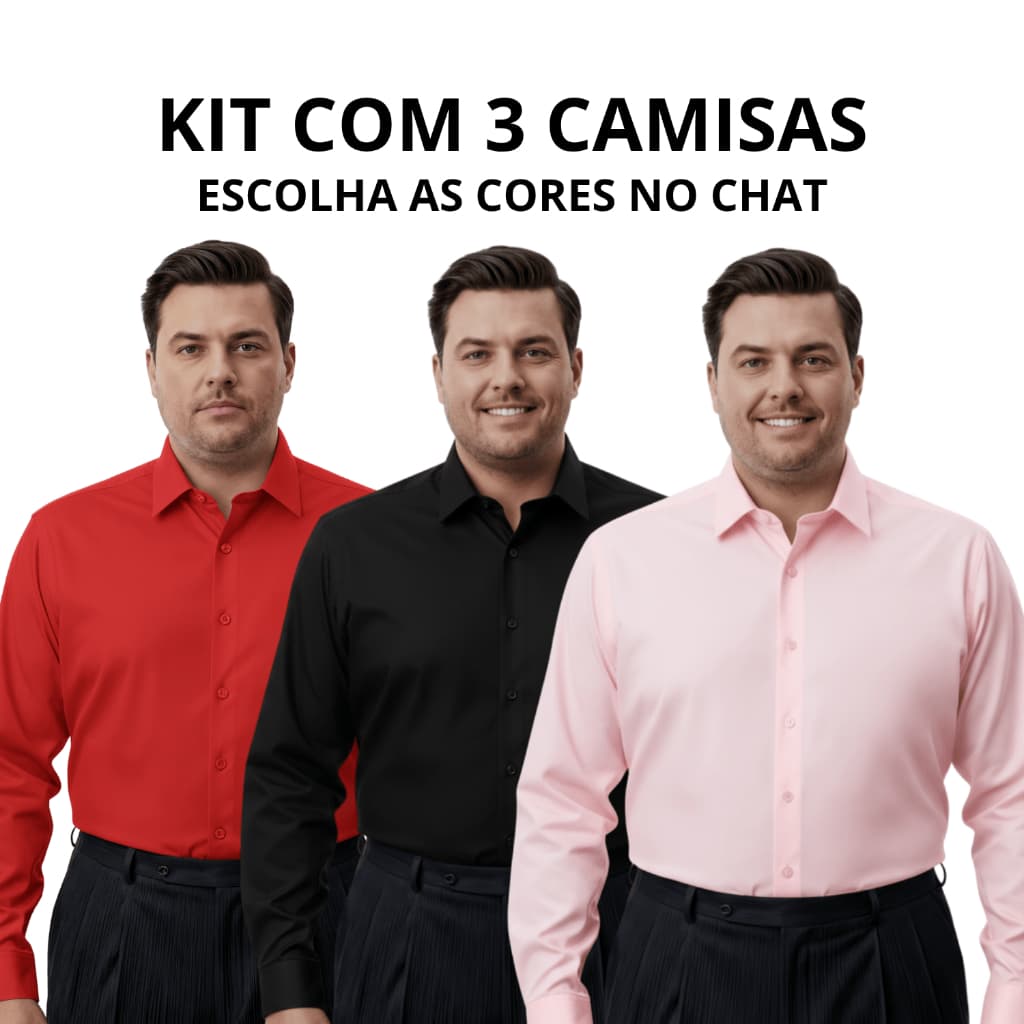 Kit 3 Camisa Social Manga Longa Masculina Slim Lisa Plus Size