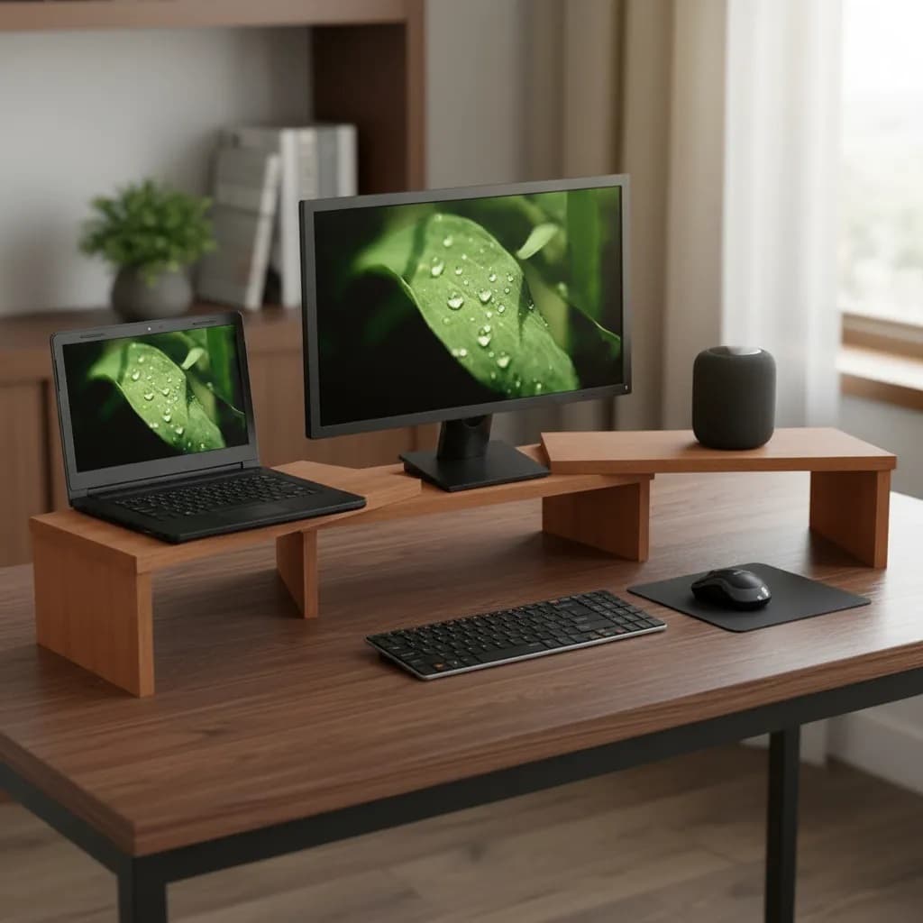 Suporte de Mesa Base Elevada Ajustável 3 Monitores Gamer Notebook Madeira Natural