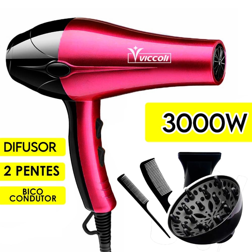 Secador de Cabelo Profissional 3000W Viccoli + Difusor + Bico e 2 Pentes 110V 220V