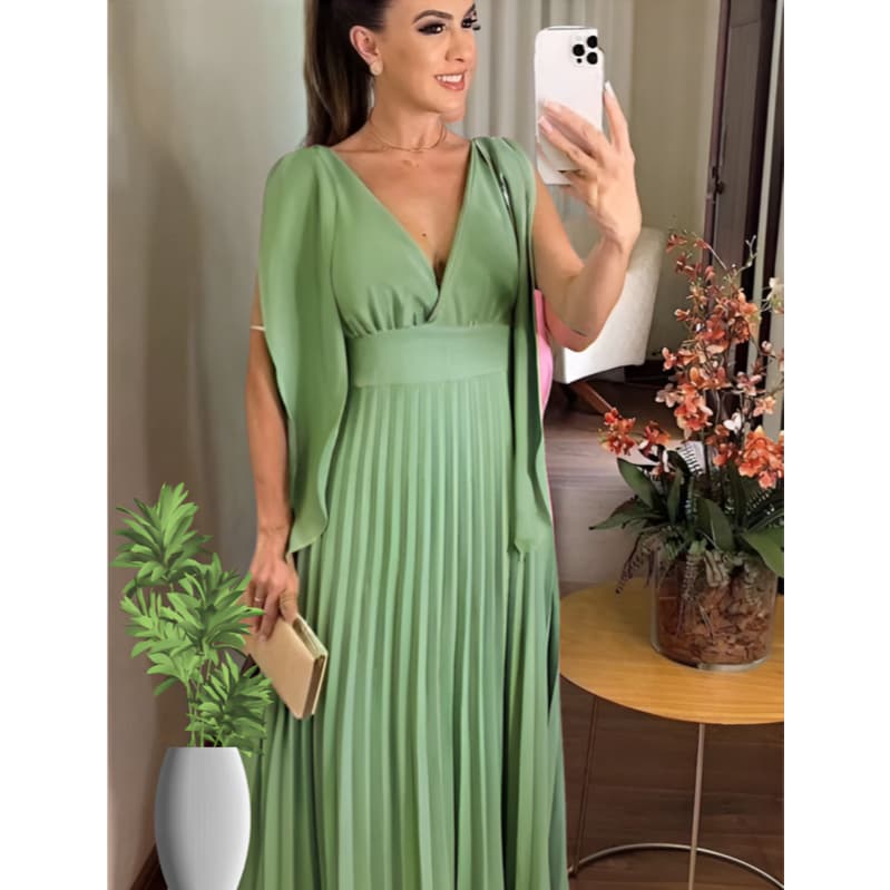 Vestido Longo Plisado Decote V Vestido Para Madrina de Casamento Festas Formatura