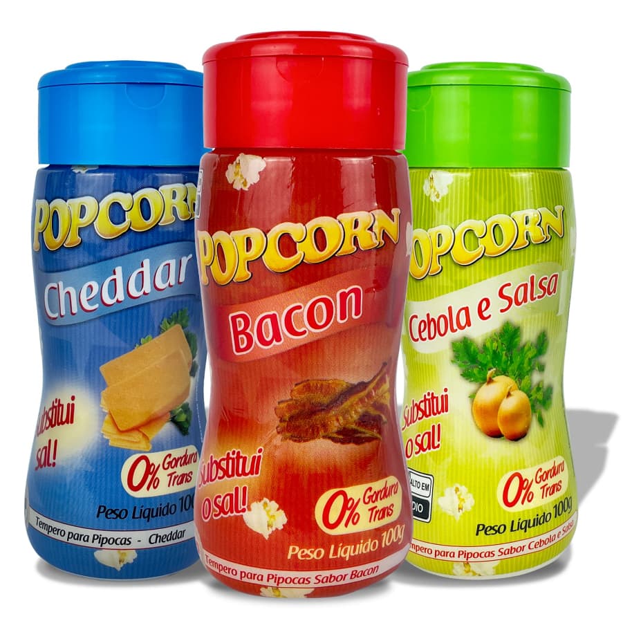Combo Tempero Para Pipoca Popcorn 03 Sabores - Cheddar, Cebola & Salsa e Bacon 100g