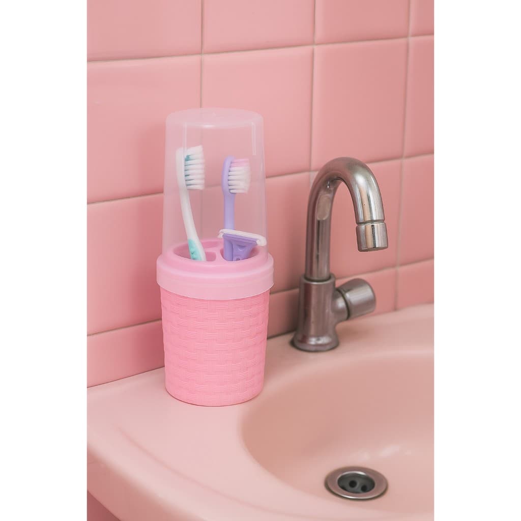 Porta Escova com Tampa Higiênica – Organize seu banheiro com estilo na cor Rosa Bebe