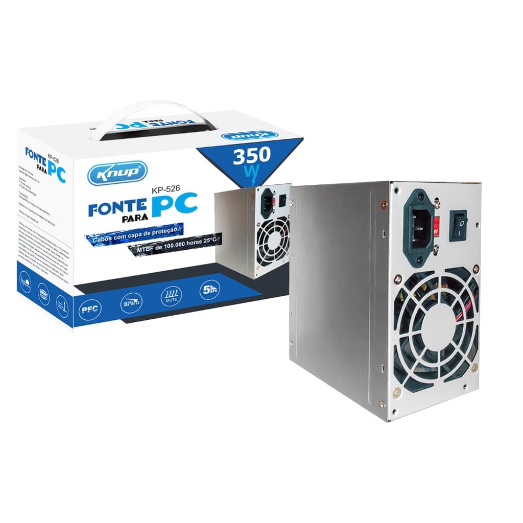 Fonte Alimentação Pc Atx 350W Real Silenciosa com Cabo de Força Nova KP-517 Cinza Com Cabo