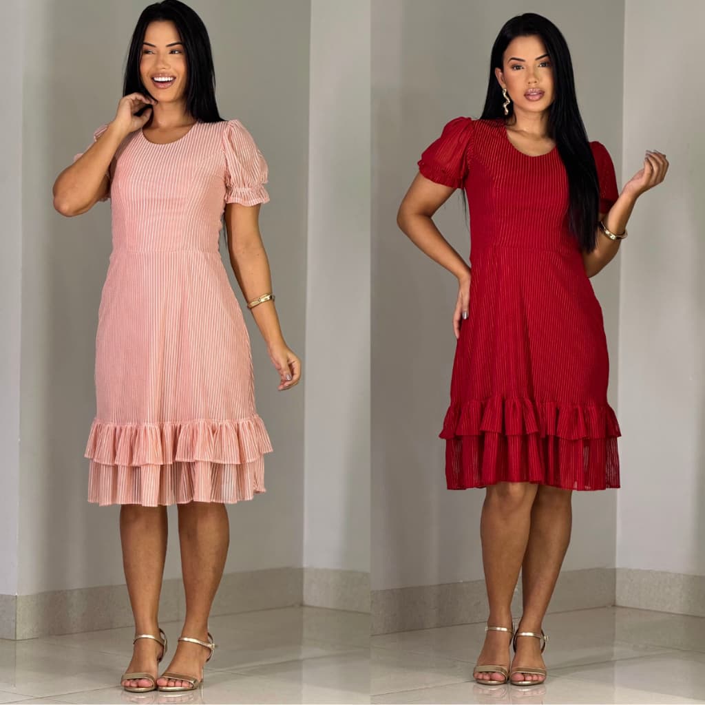 Vestido Mídi Luxo Manga Curta Kit 2 Vestidos Tule Forrado Canelado Moda Cristã Vaze Festa Formatura Casamento