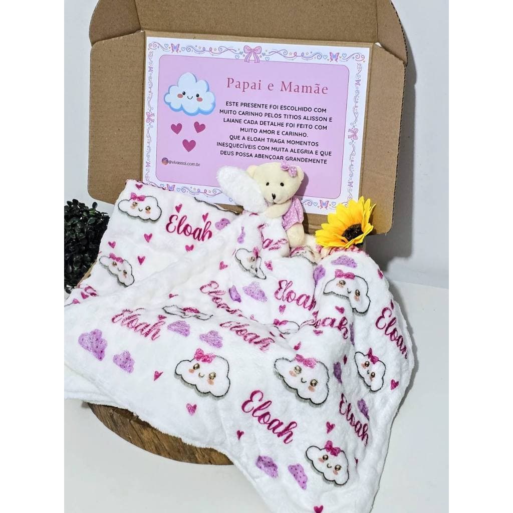 Kit Manta e Naninha Personalizada Com Nome Enxoval – Presente Bebê tema Nuvem Nuvenzinhas