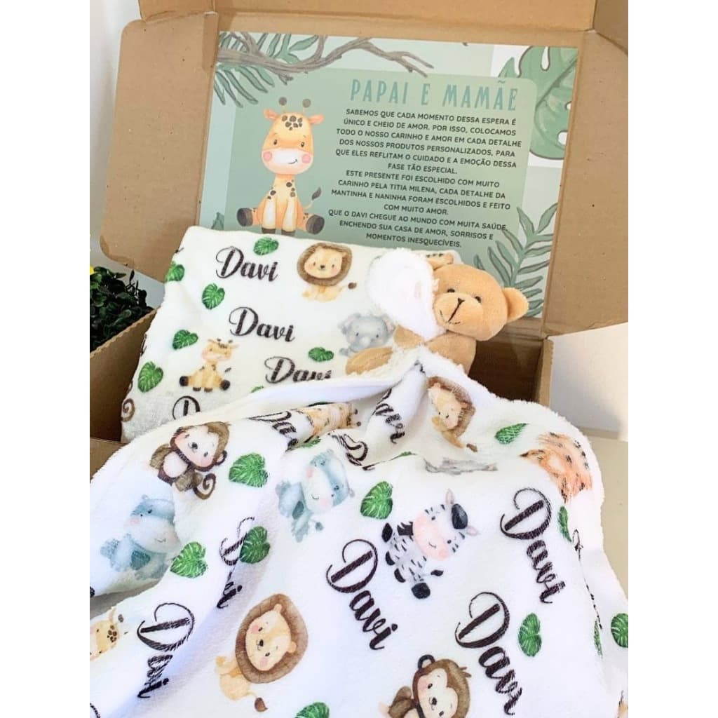 Kit Personalizado Bebê Manta e Naninha Com Nome Safari Pelúcia Enxoval