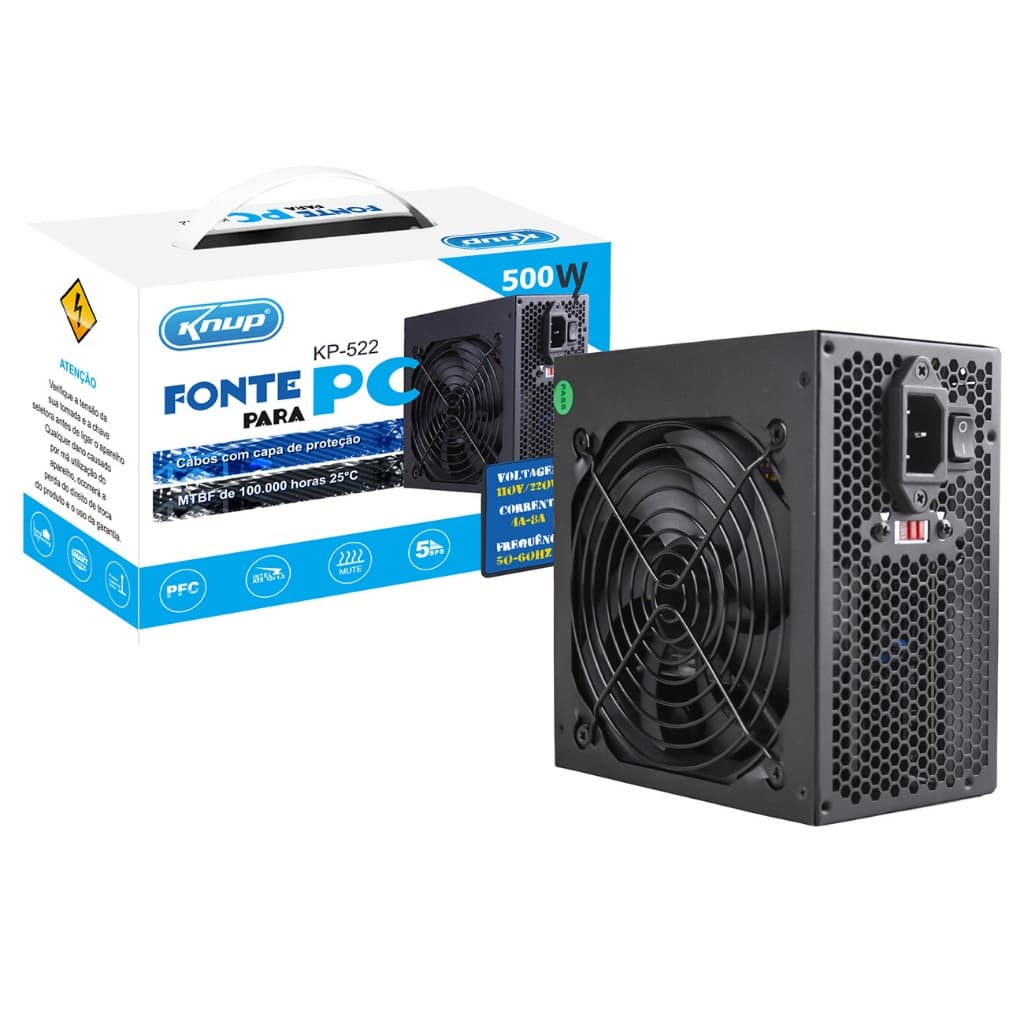 Fonte de Alimentação ATX 350W Real Silenciosa para PC com Cabo de Força Fortrek Knup KP-522
