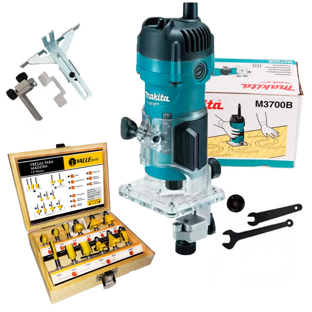 Tupia Manual Makita M3700B 530W 1/4 6mm para Madeira + Kit 12 Fresas