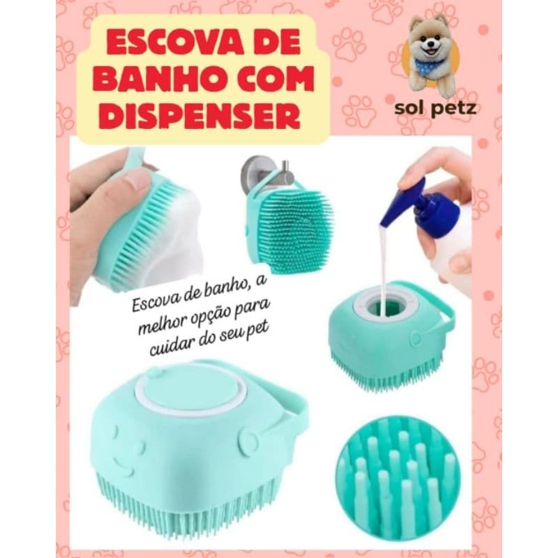Escova Pet de Silicone Para Banho Massageador Dispenser Shampoo Cachorro Gato