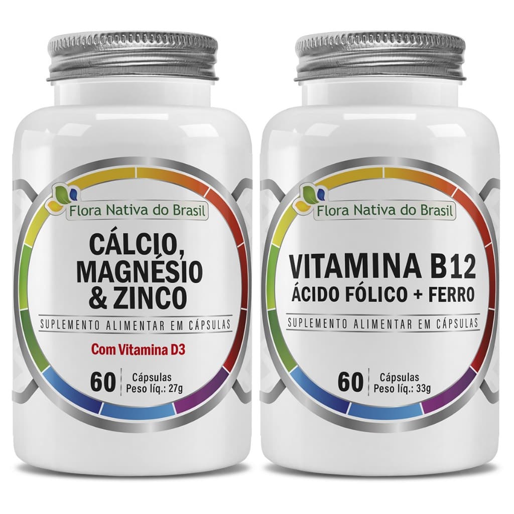 Kit Ferro Ácido Fólico Vitamina B12 Metilcobalamina 60 Caps + Cálcio Zinco Magnésio Vitamina D3 60 Caps