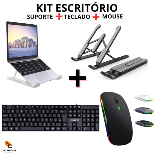 Kit Teclado Padrão + Mouse Sem Fio Bluetooth + Suporte Notebook Tablet PC iPad