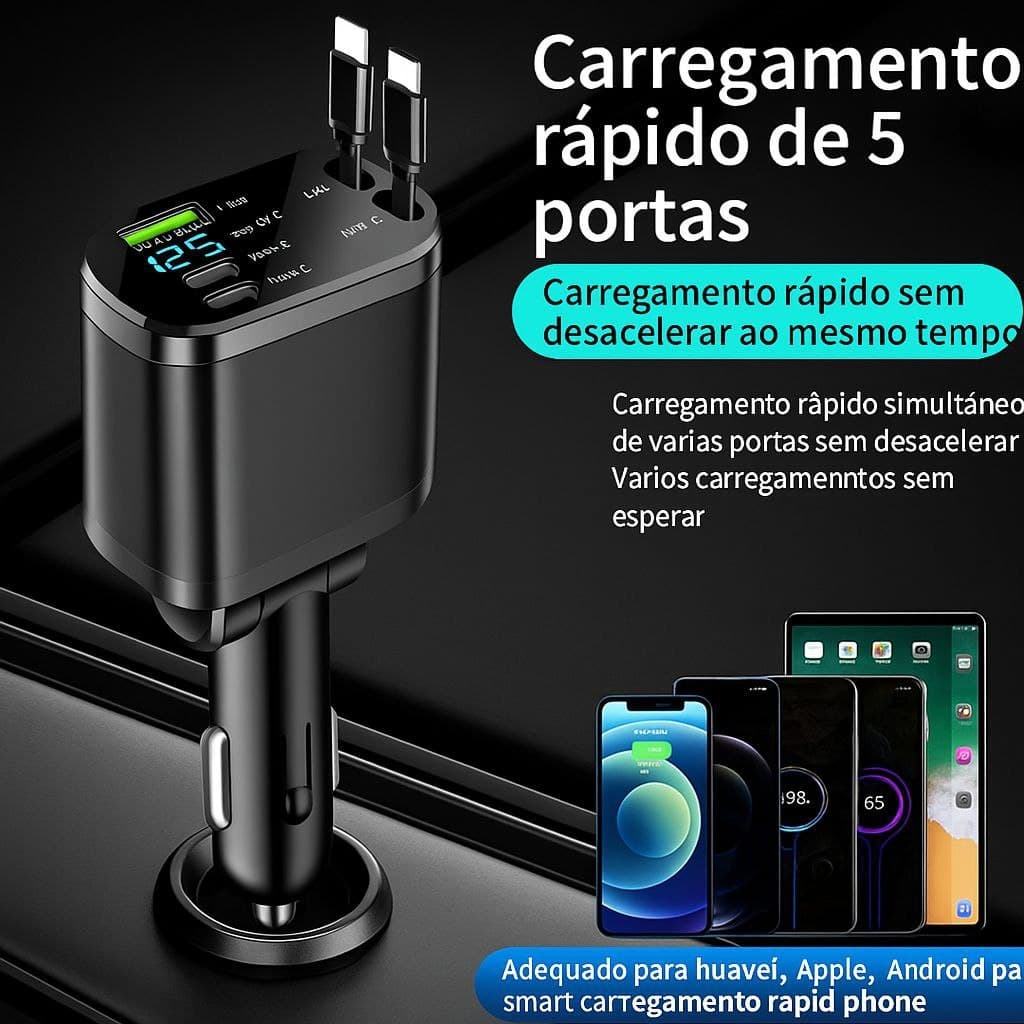 Carregador Veicular Turbo 120w 5 Em 1 + Cabo Retrátil Tipo-c Duplo