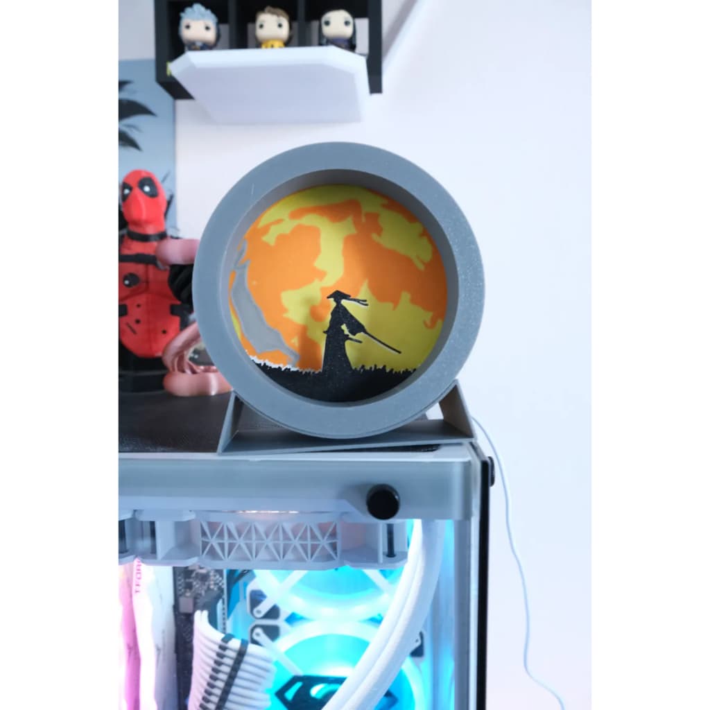 Luminária Samurai 3D – Decoração Redonda com Luz de Fundo LED | Abajur Estilo Japonês | Decoração Gamer Geek Oriental