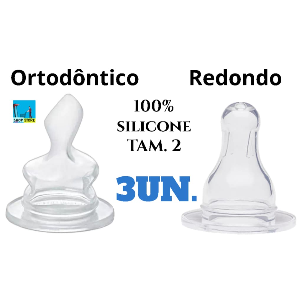 KIT 3 UNIDADES BICO DE MAMADEIRA 100% SILICONE REDONDO OU ORTODÔNTICO