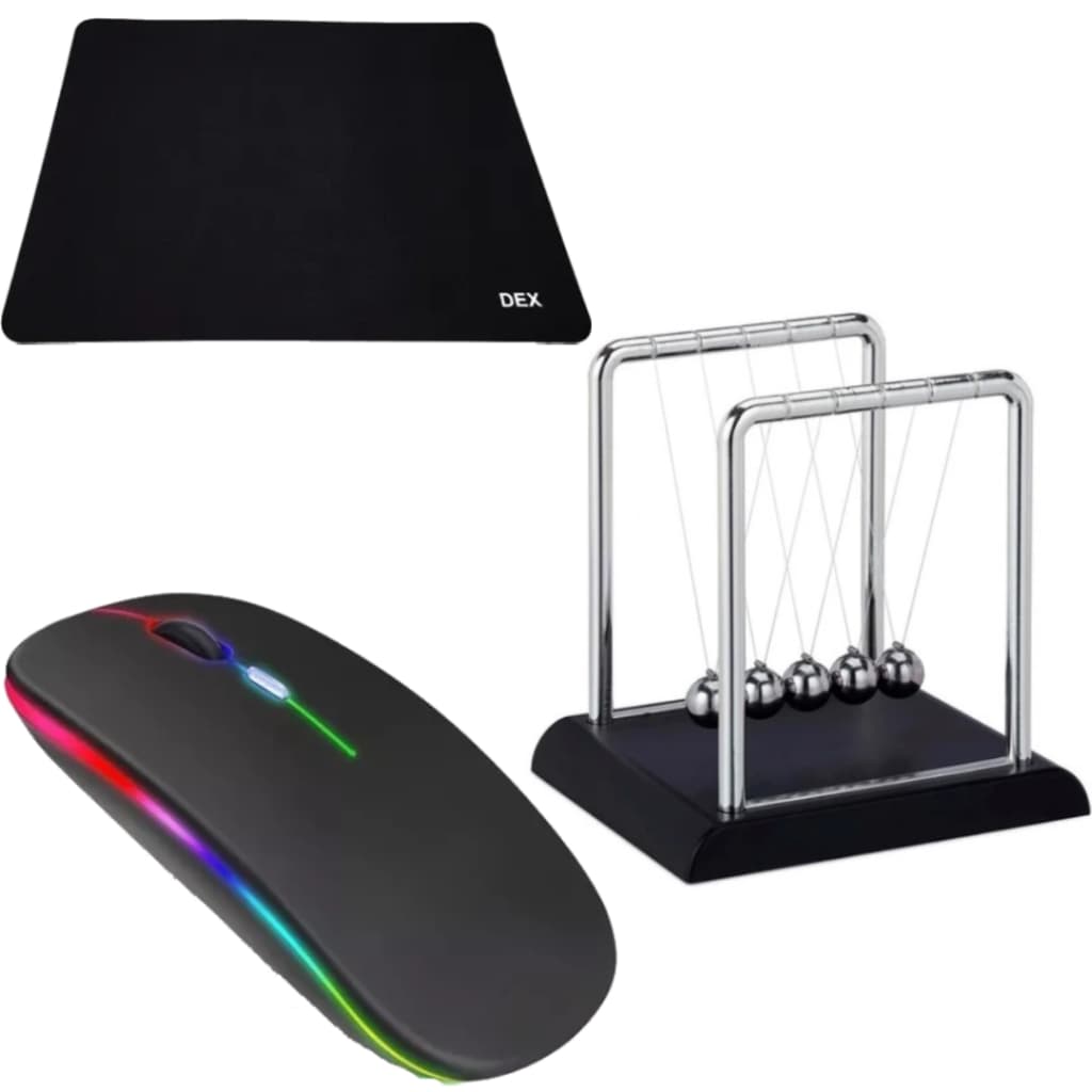 Kit Escritório com Mouse Sem Fio Recarregável Rgb Ergonômico Mouse Pad Dex Pêndulo de Newton Enfeite