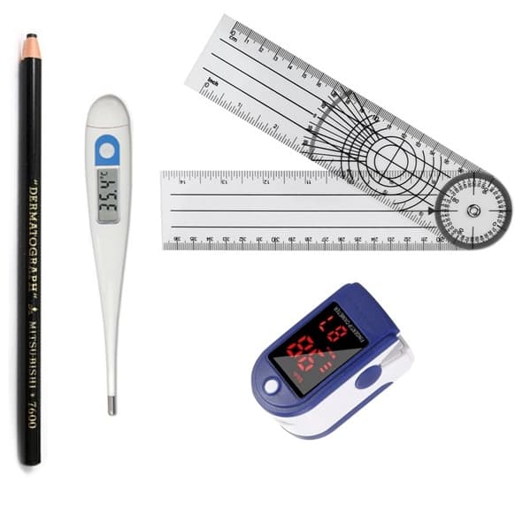 Kit Goniômetro 36cm + Termômetro Clínico + Oxímetro Dedo  + Lápis | Saúde Fisioterapia Enfermagem