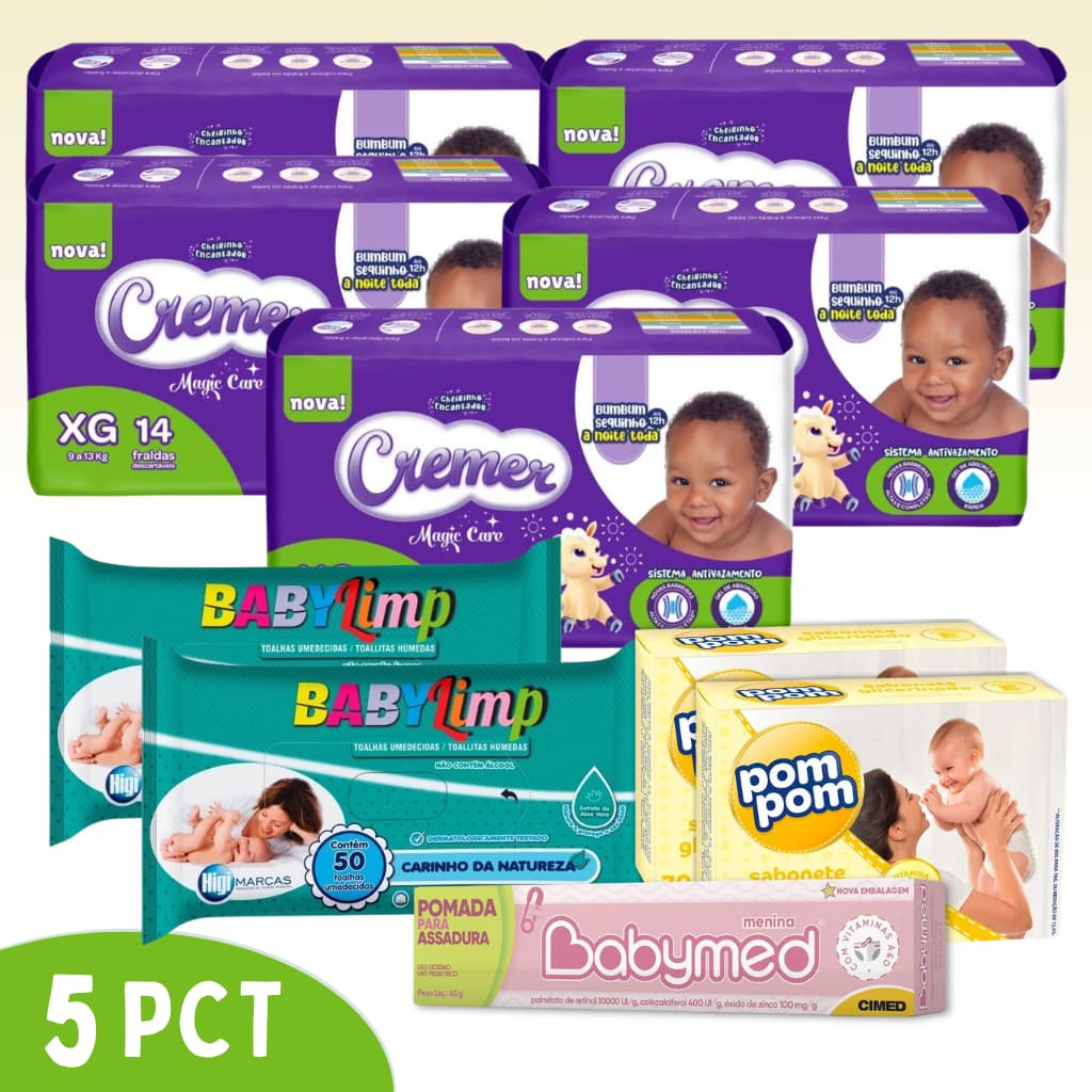 Kit Chá de Bebê 5 Pacotes Fralda Cremer 2 Lenço Umedecido 1 Pomada 2 Sabonete Pompom